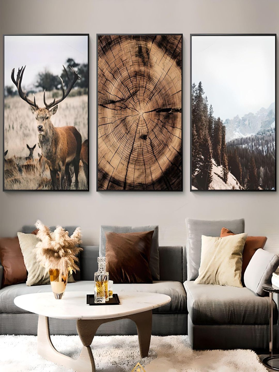 

THE HANDMADE FLAIR Crystal Porcelain Grey & Brown 3 Pieces Painting Wall Arts