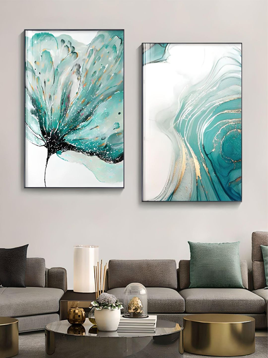 

THE HANDMADE FLAIR 2 Pcs Sea Green & White Floral Painting Wall Art