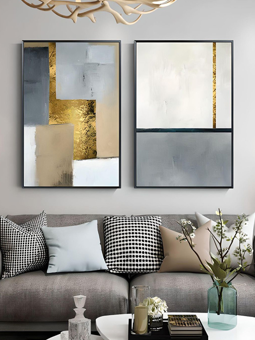 

THE HANDMADE FLAIR Grey & White 2 Pieces Abstract Painting Framed Wall Art