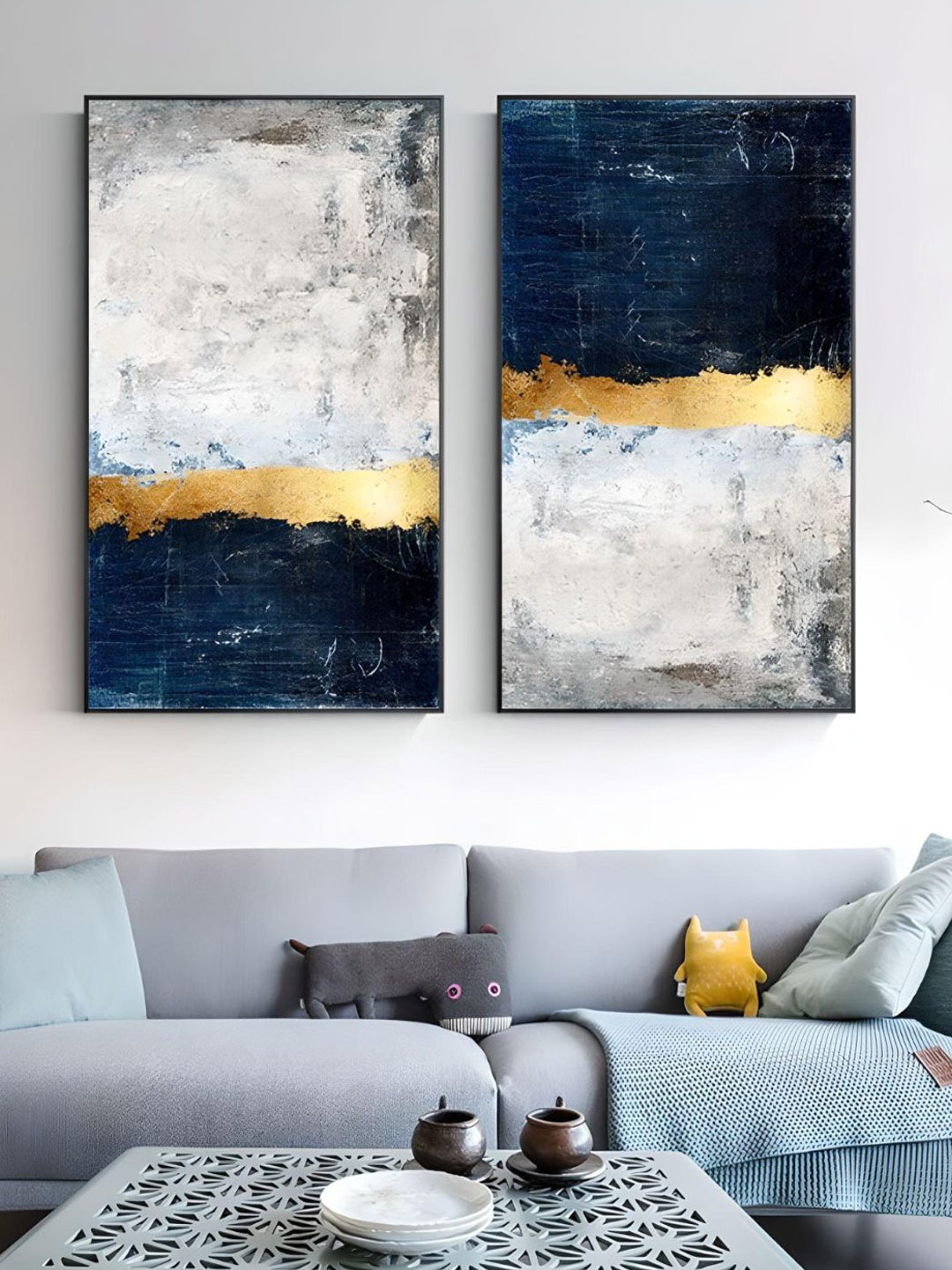 THE HANDMADE FLAIR 2 Pcs Blue & White Abstract Painting Wall Art