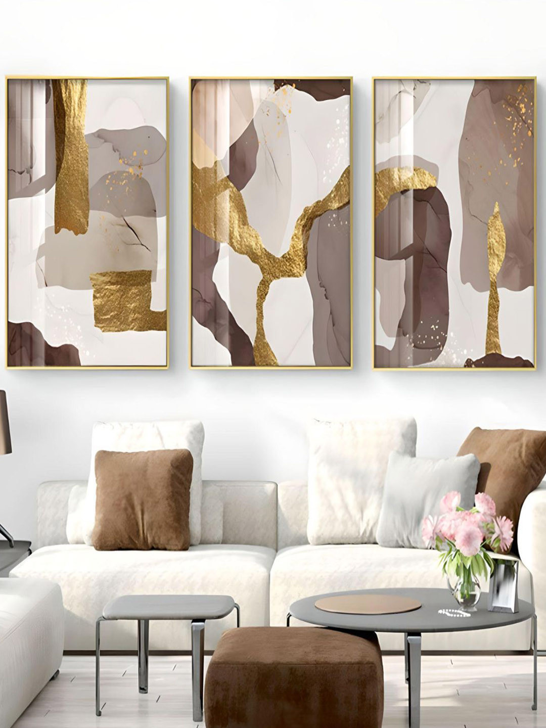 

THE HANDMADE FLAIR Brown & White 3 Pcs Abstract Elements Earthy Painting Framed Wall Art