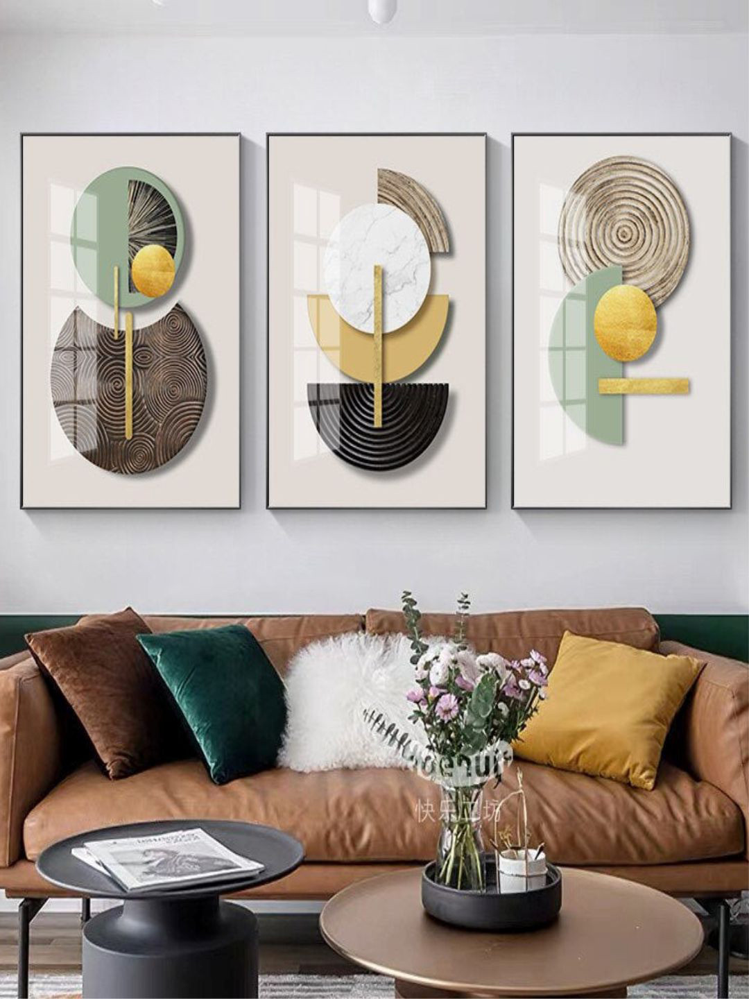 

THE HANDMADE FLAIR 3-Piece Beige & Green Geometric Circles Abstract Painting Wall Art