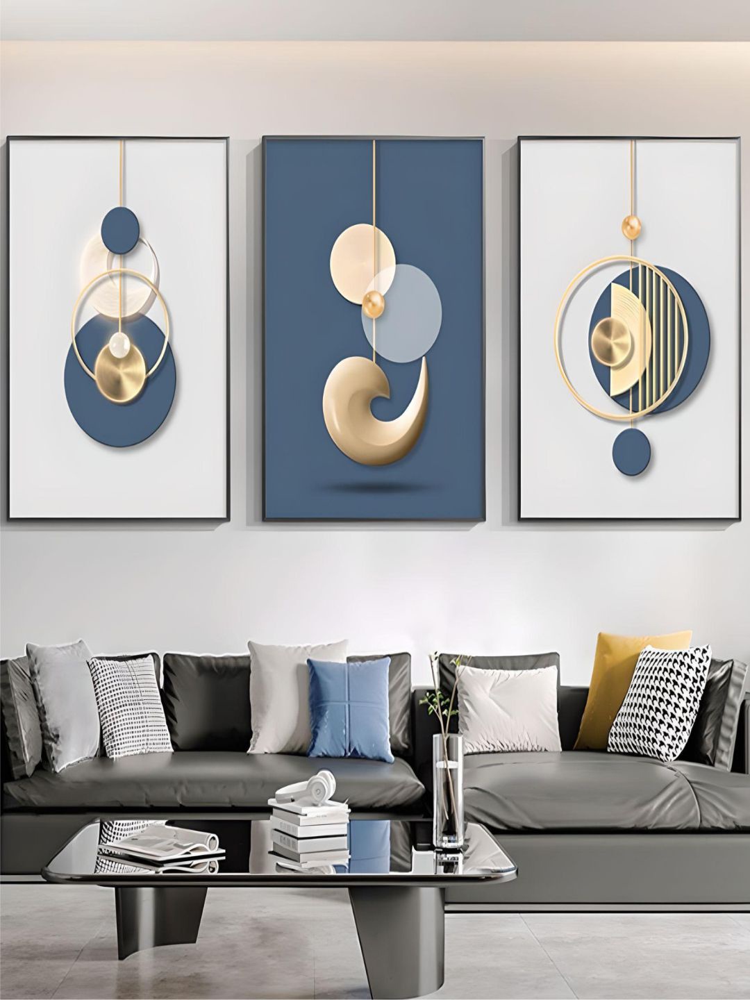 THE HANDMADE FLAIR Grey 3 Pieces Abstract Painted Framed Wall Art, Blue