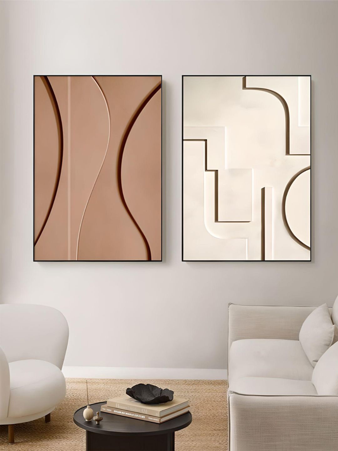 THE HANDMADE FLAIR Crystal Porcelain Beige 2-Pcs Contours Bare Abstract Wall Art