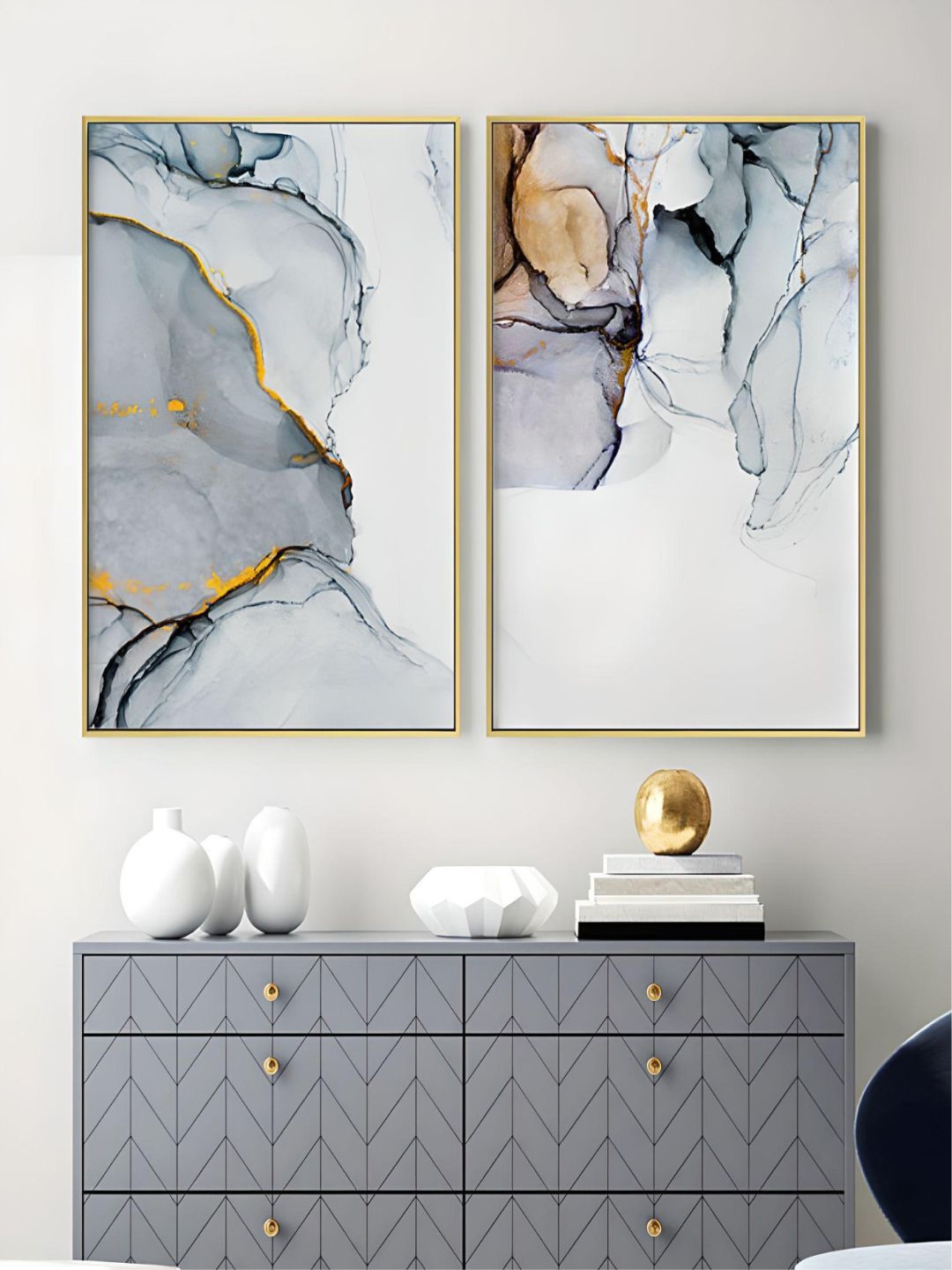 

THE HANDMADE FLAIR Blue 2-Pieces Marble Subtle Printed Framed Wall Art, Grey