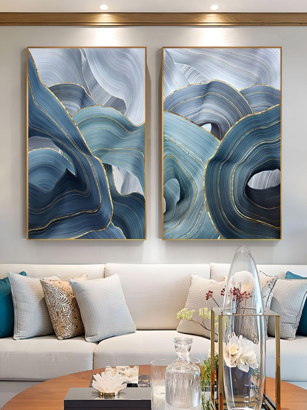 

THE HANDMADE FLAIR Crystal Porcelain 2-Pcs Blue & Grey Abstract Painting Wall Arts