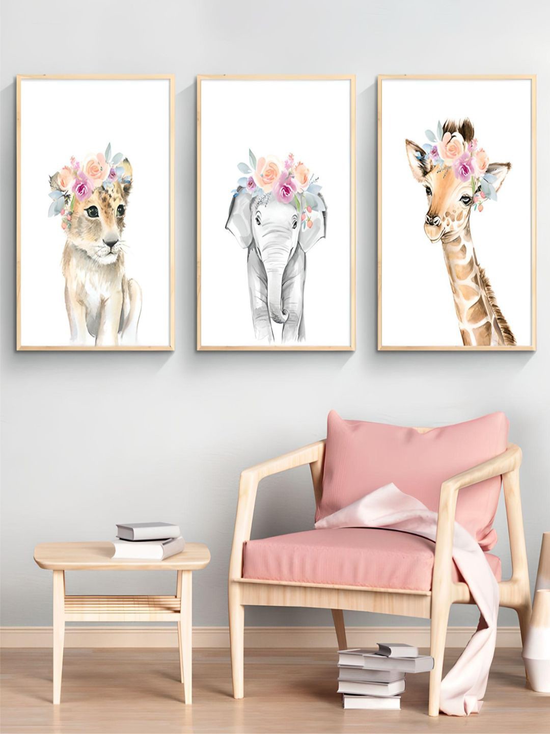 

THE HANDMADE FLAIR Crystal Porcelain White 3-Pcs Flower Animals Nursery Painting Wall Arts, Brown
