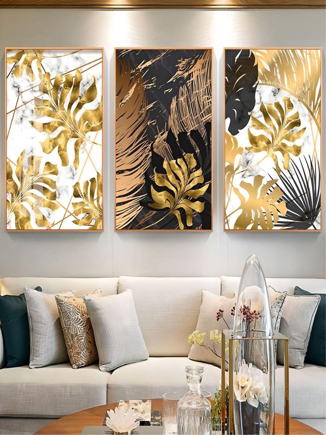 

THE HANDMADE FLAIR 3Pcs Brown & Golden Nordic Tropical Leaves Abstract Painting Wall Art