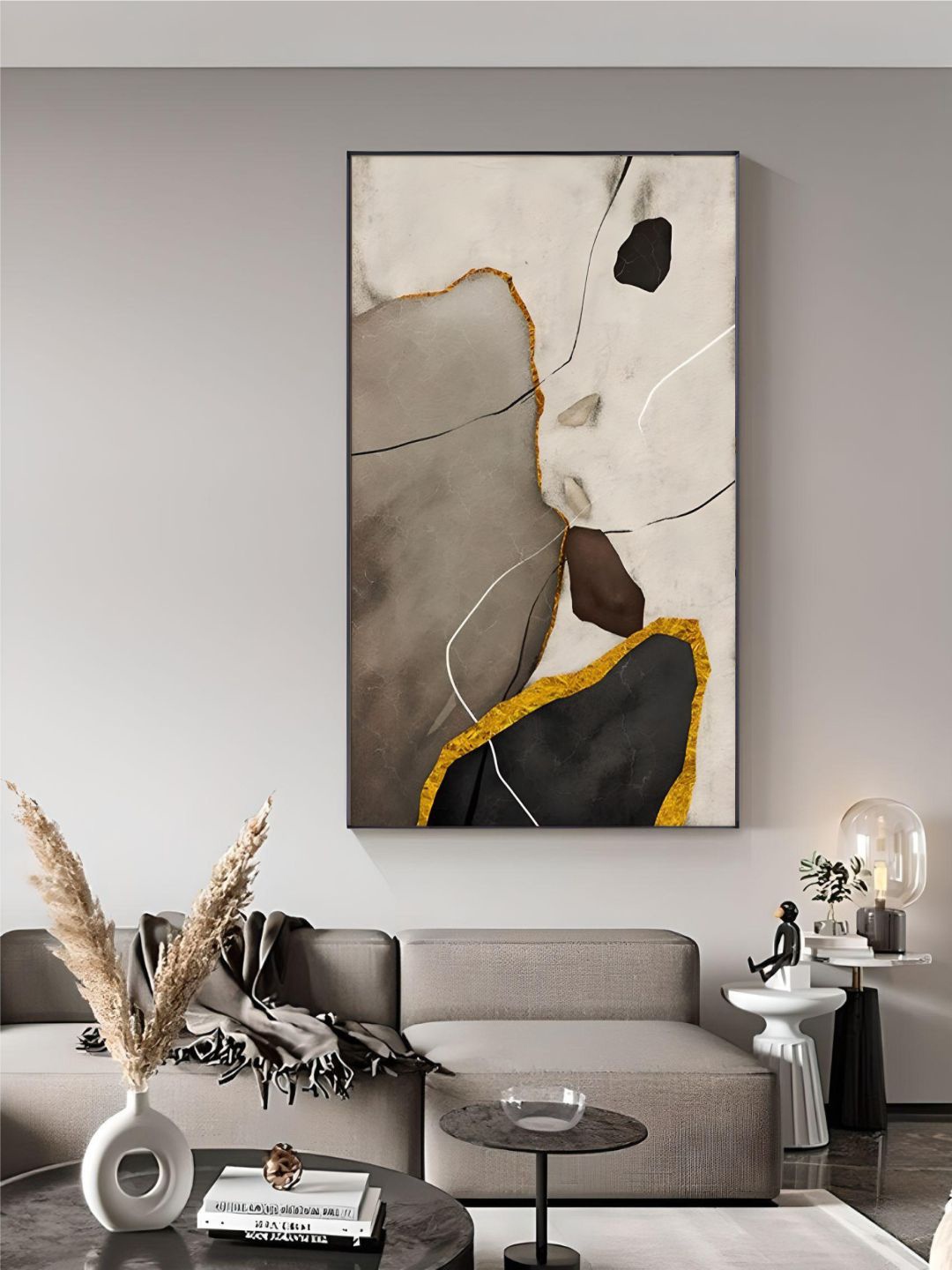 

THE HANDMADE FLAIR Khaki & Grey Geomorphic Abstract Painting Wall Art