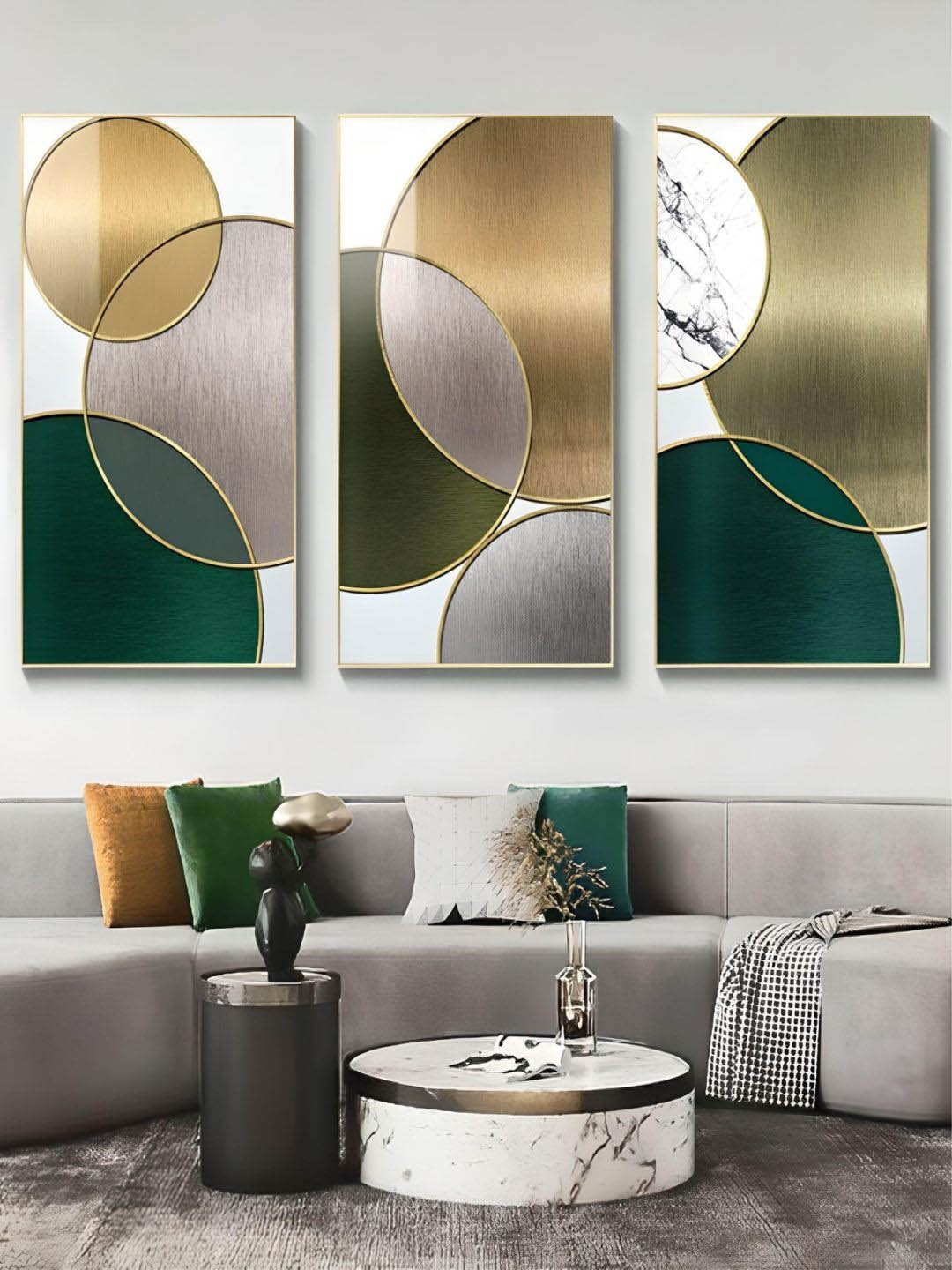 

THE HANDMADE FLAIR Crystal Porcelain Green 3-Pcs Modern Abstract Geometric Wall Art