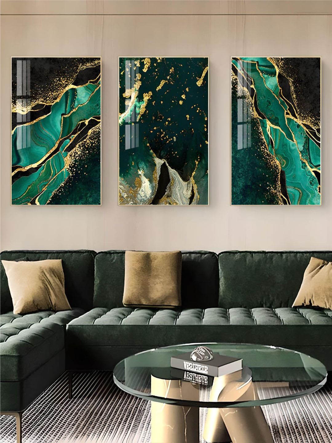 

THE HANDMADE FLAIR Green 3-Pieces Agate Nordic Printed Framed Wall Art
