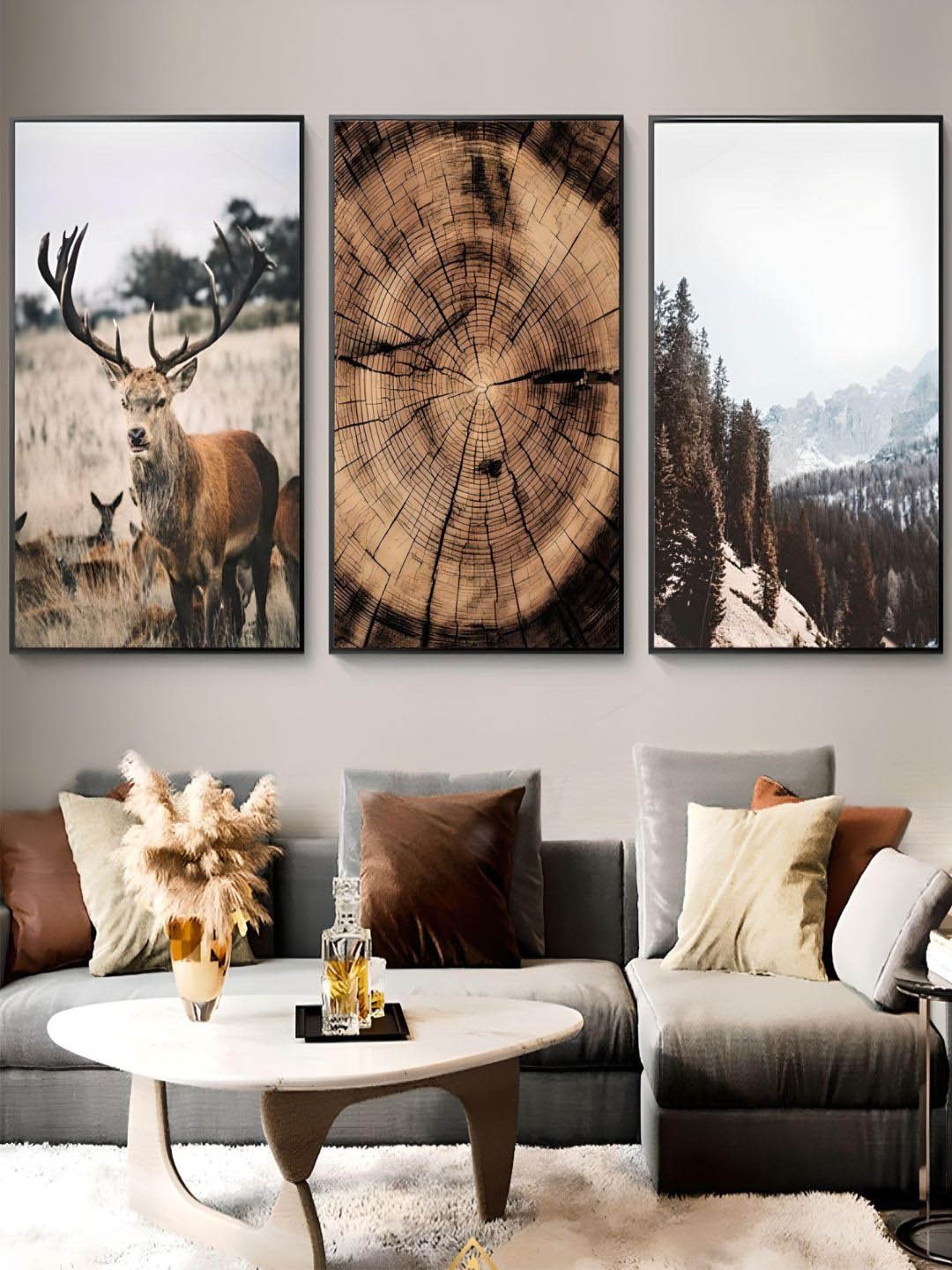 

THE HANDMADE FLAIR Crystal Porcelain Brown 3-Pcs Tree Rings Fine Art Painting Wall Arts