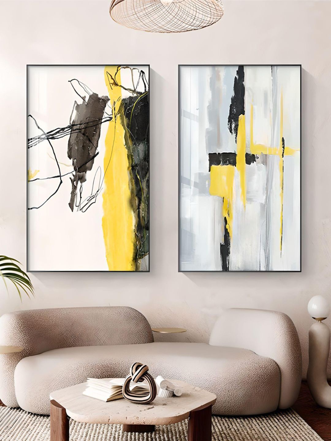 

THE HANDMADE FLAIR Crystal Porcelain White & Yellow 2 Pieces Abstract Painting Wall Arts