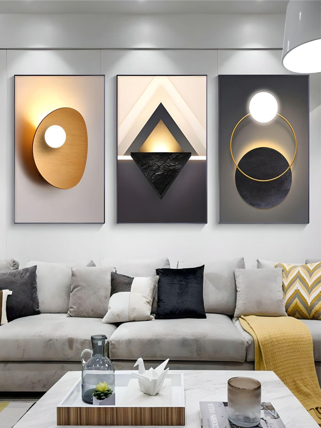 

THE HANDMADE FLAIR Yellow & Black 3 Pieces Abstract Painting Wall Art