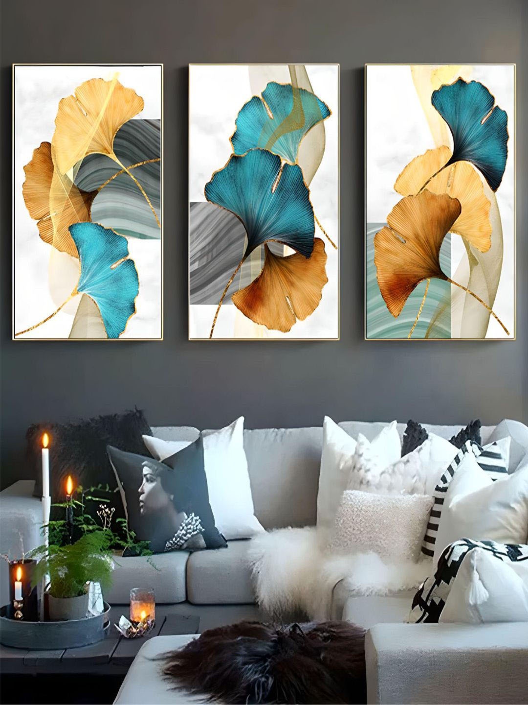 

THE HANDMADE FLAIR Blue & Orange 3 Pieces Abstract Floral Painted Framed Wall Art