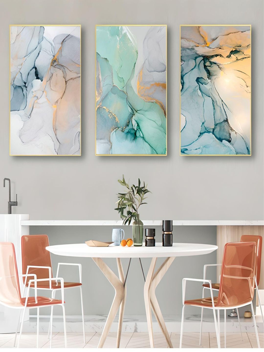 

THE HANDMADE FLAIR Crystal Porcelain Green & Blue 3-Pcs Abstract Painting Wall Art