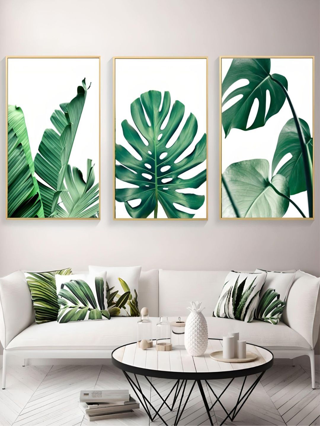 

THE HANDMADE FLAIR 3-Pcs Green & White Abstract Painting Wall Art