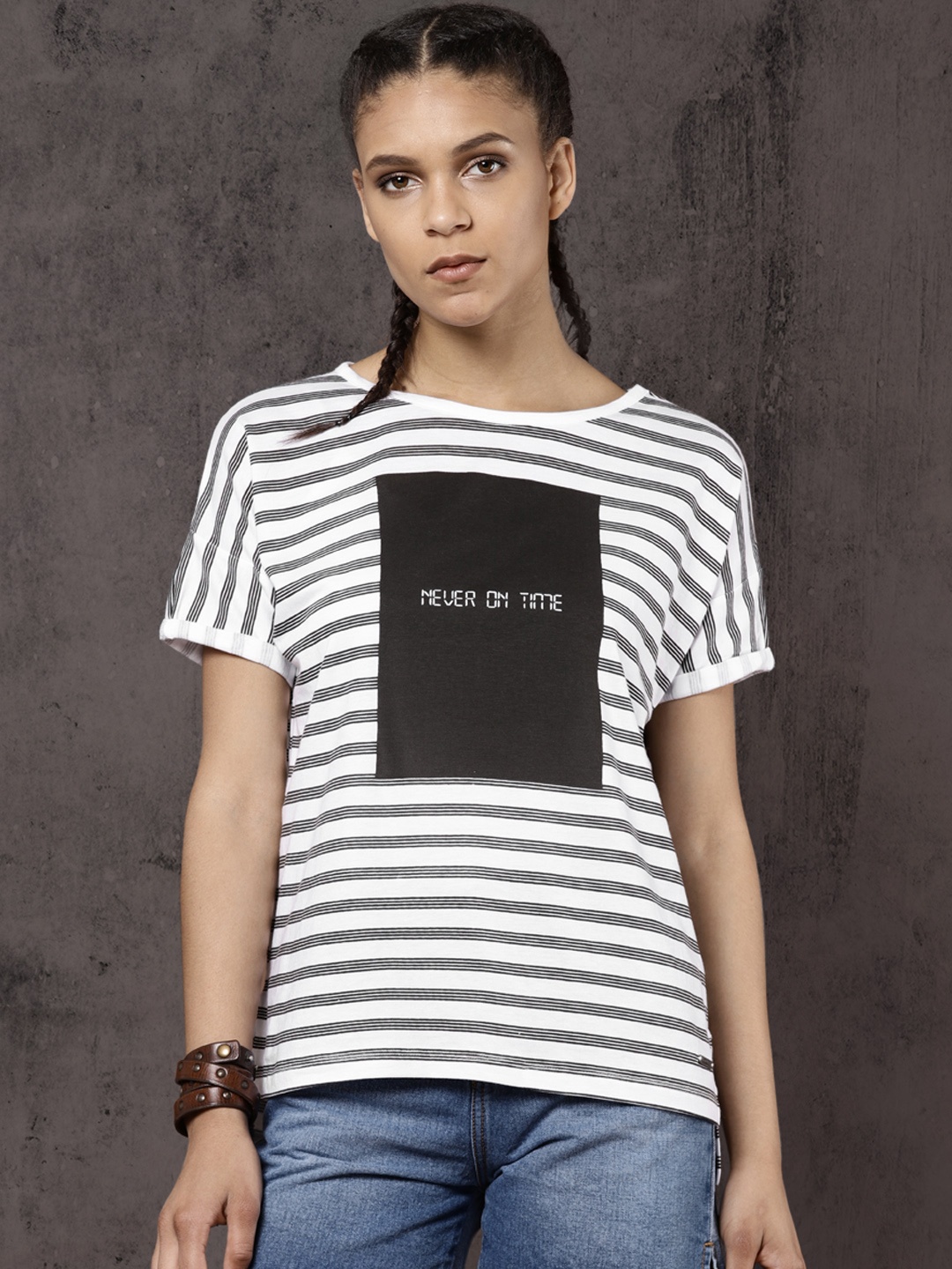 

Roadster Women White & Black Striped Round Neck T-shirt