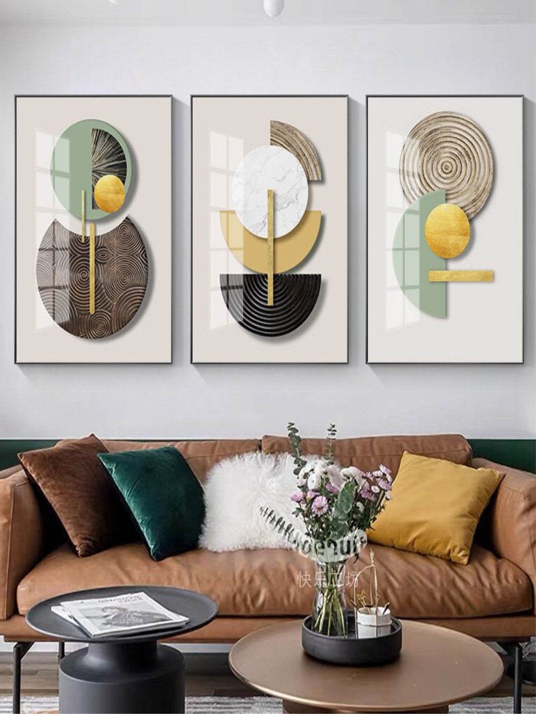 

THE HANDMADE FLAIR 3-Piece Beige & Green Abstract Painting Wall Art, Khaki
