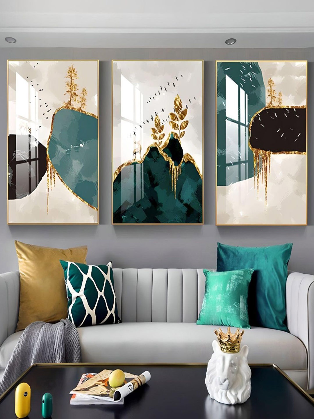 

THE HANDMADE FLAIR White & Green 3 Pieces Abstract Painting Wall Art