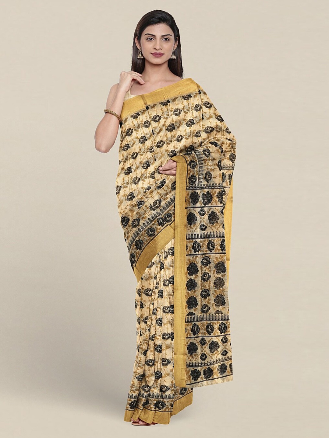 

Pothys Floral Printed Zari Pure Cotton Saree, Cream