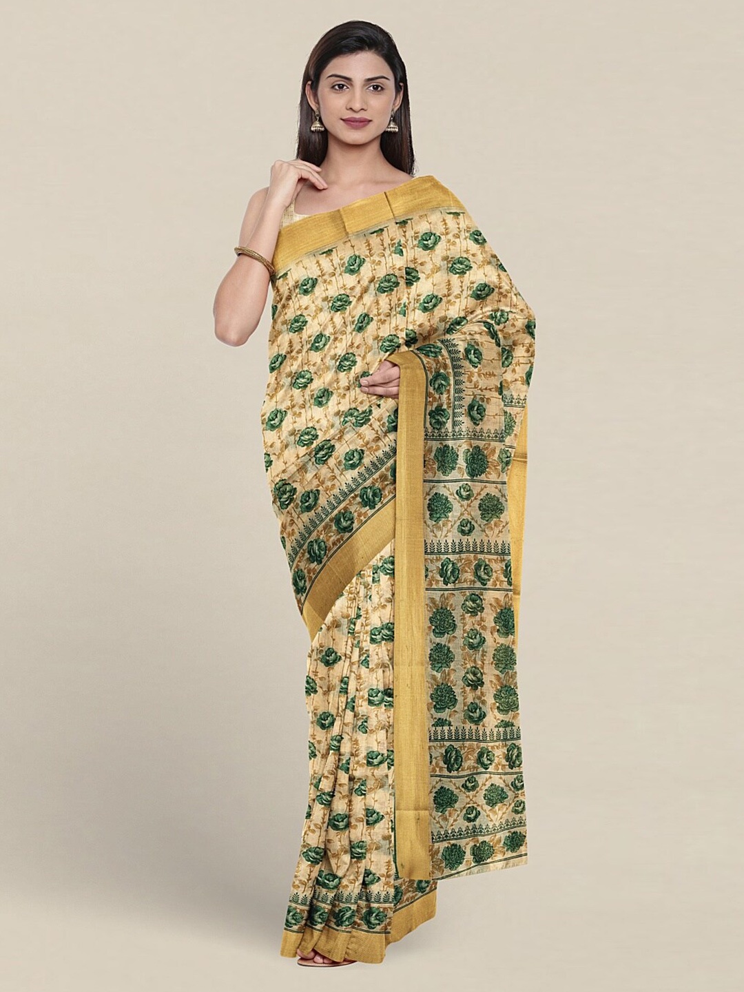 

Pothys Floral Printed Zari Pure Cotton Saree, Cream