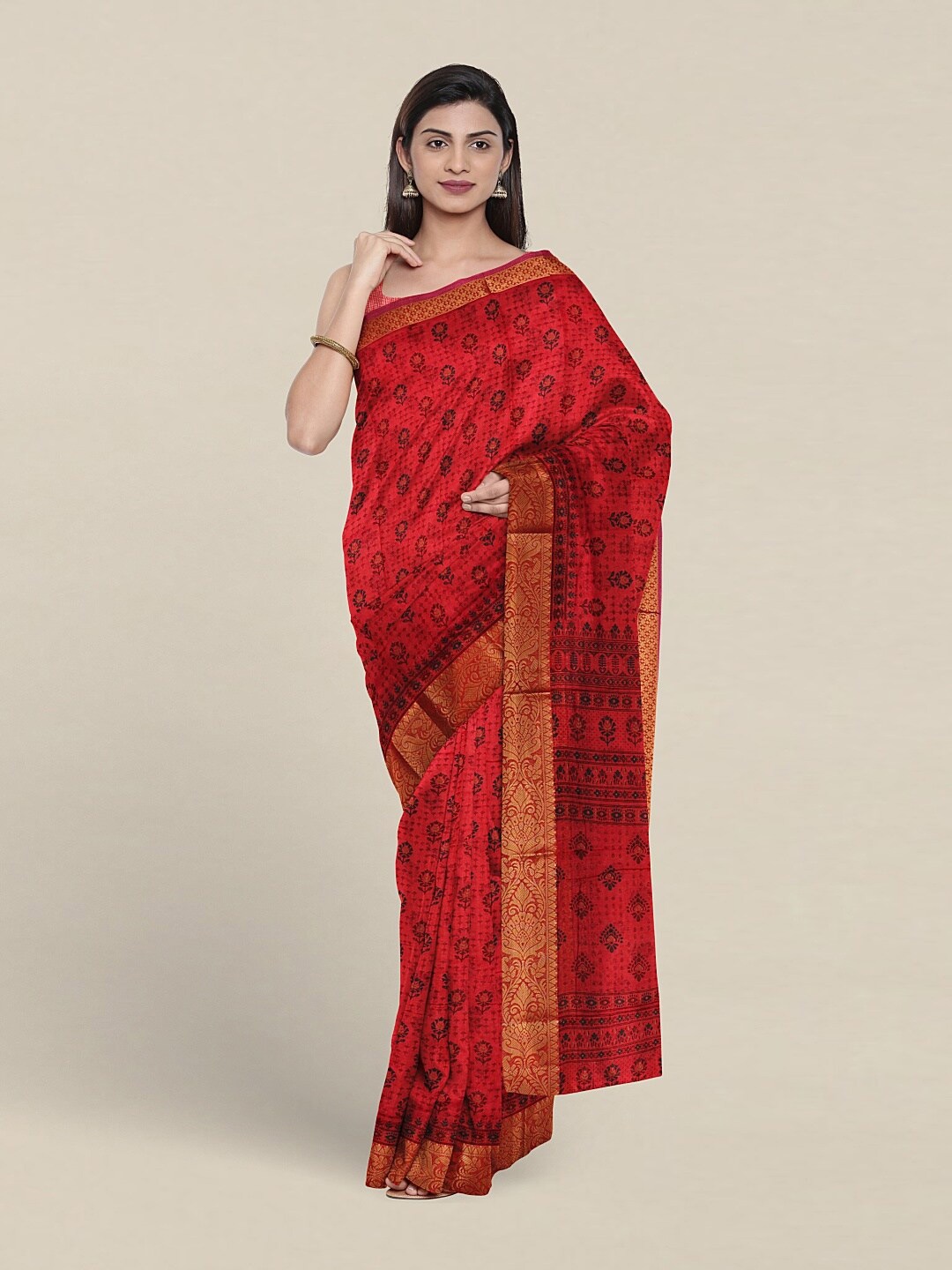 

Pothys Floral Printed Zari Pure Cotton Saree, Red