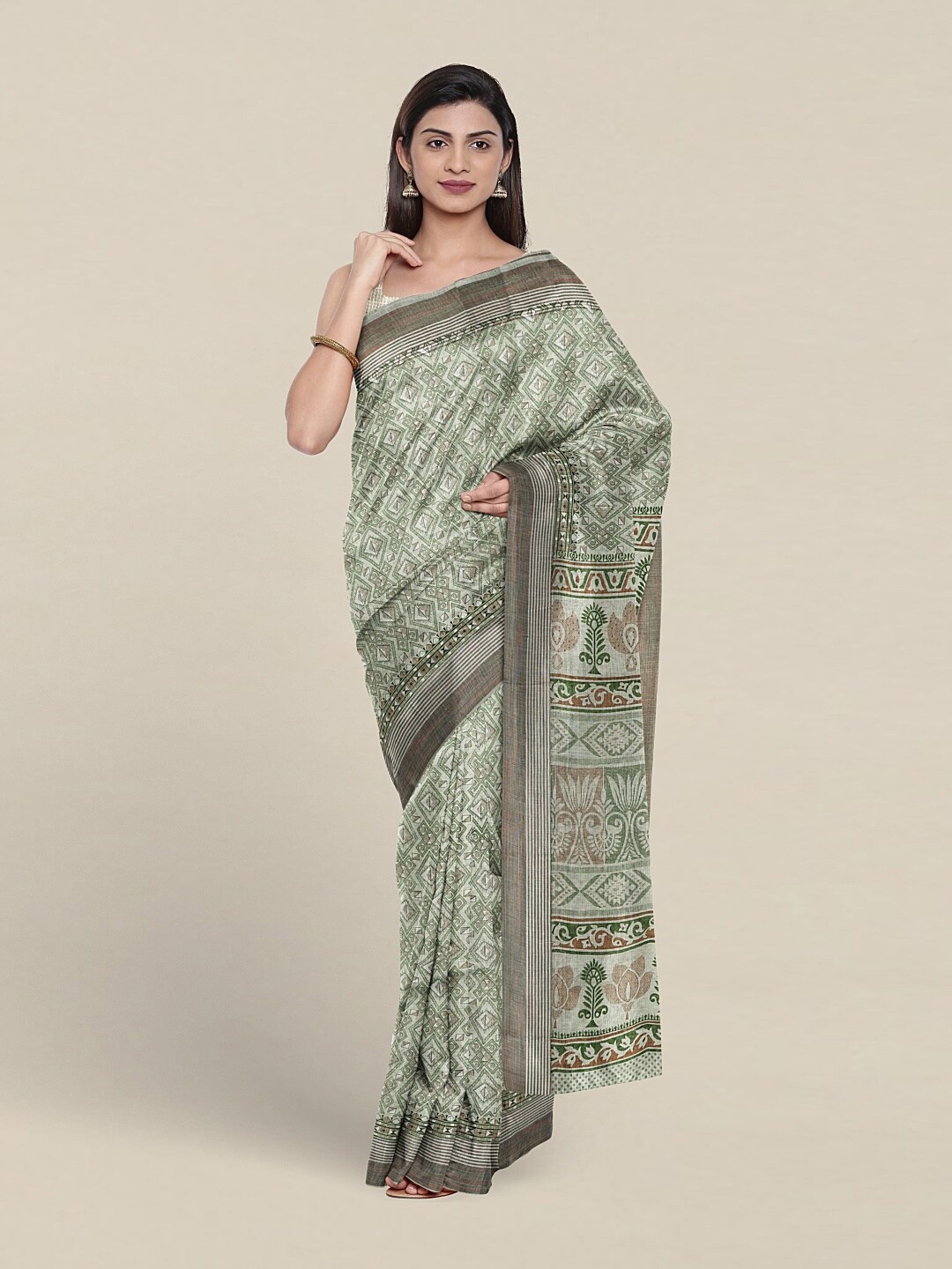 

Pothys Geometric Printed Pure Cotton Saree, Green