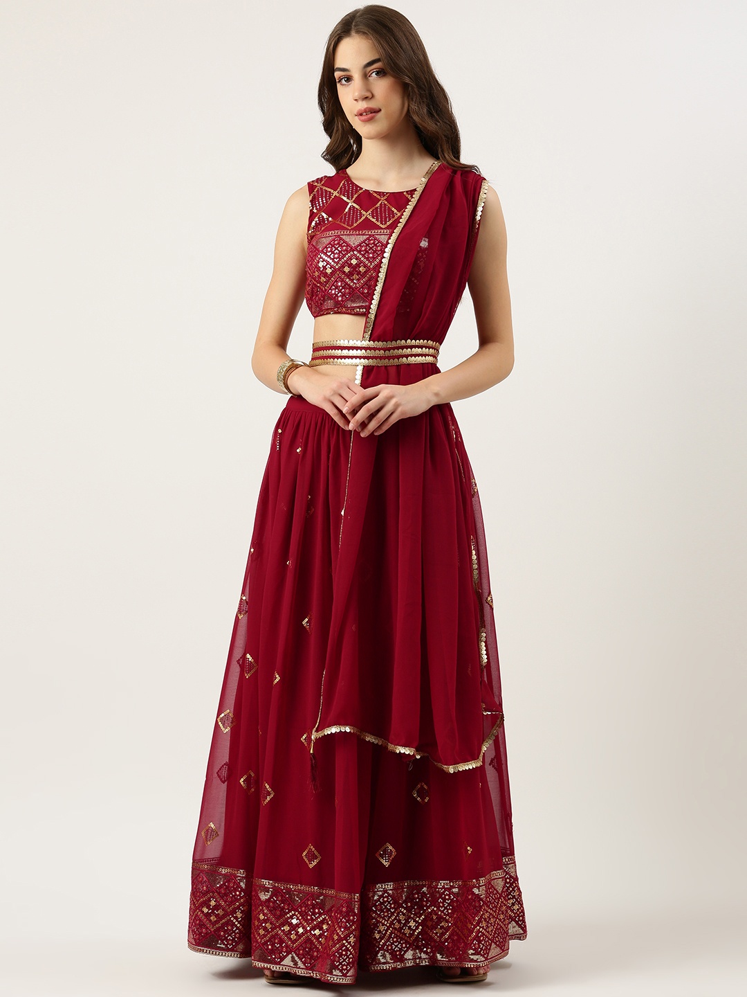 

Fabcartz Embroidered Sequinned Semi-Stitched Lehenga & Unstitched Blouse With Dupatta, Maroon