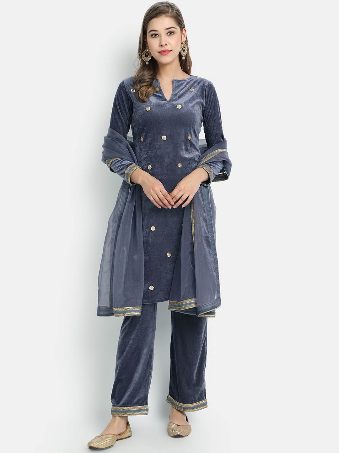 

Golden Kite Geometric Embroidered Sequinned Detailed Velvet Kurta & Palazzos with Dupatta, Grey