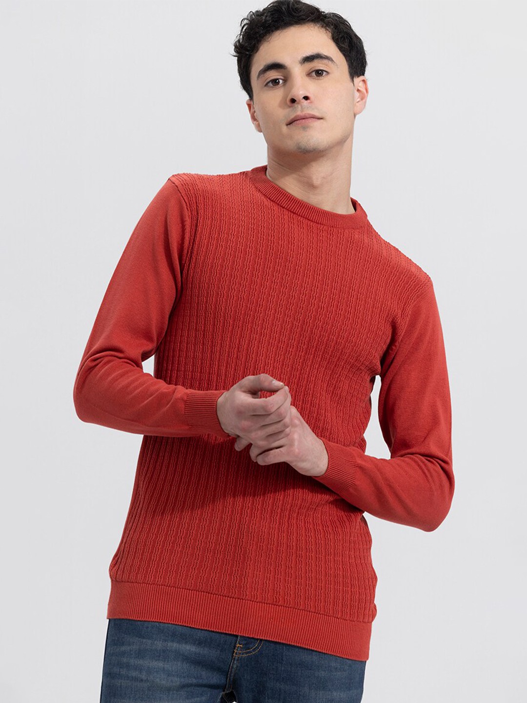 

Snitch Red Self Design Cotton Pullover
