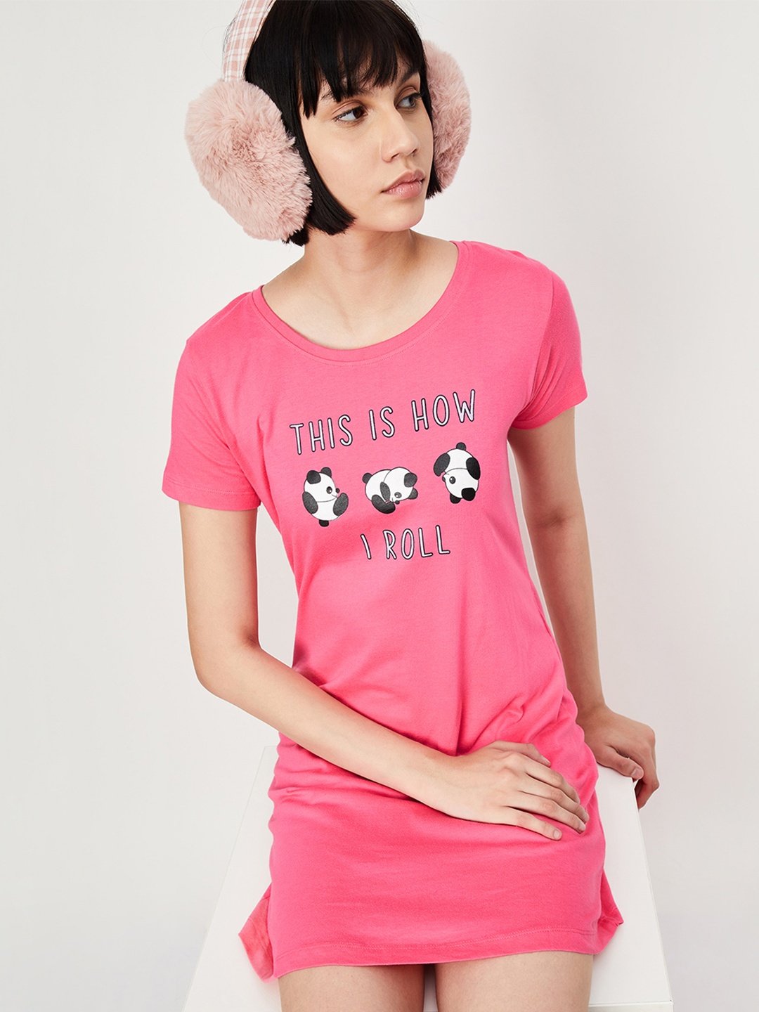 

max Graphic Printed Pure Cotton T-shirt Nightdress, Pink