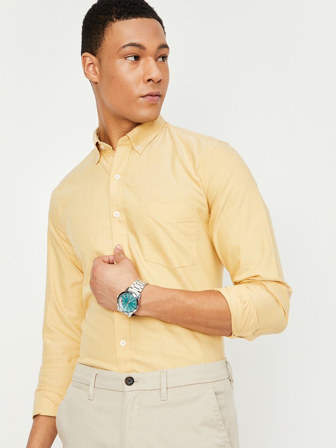 

max Button-Down Collar Pure Cotton Casual Shirt, Yellow