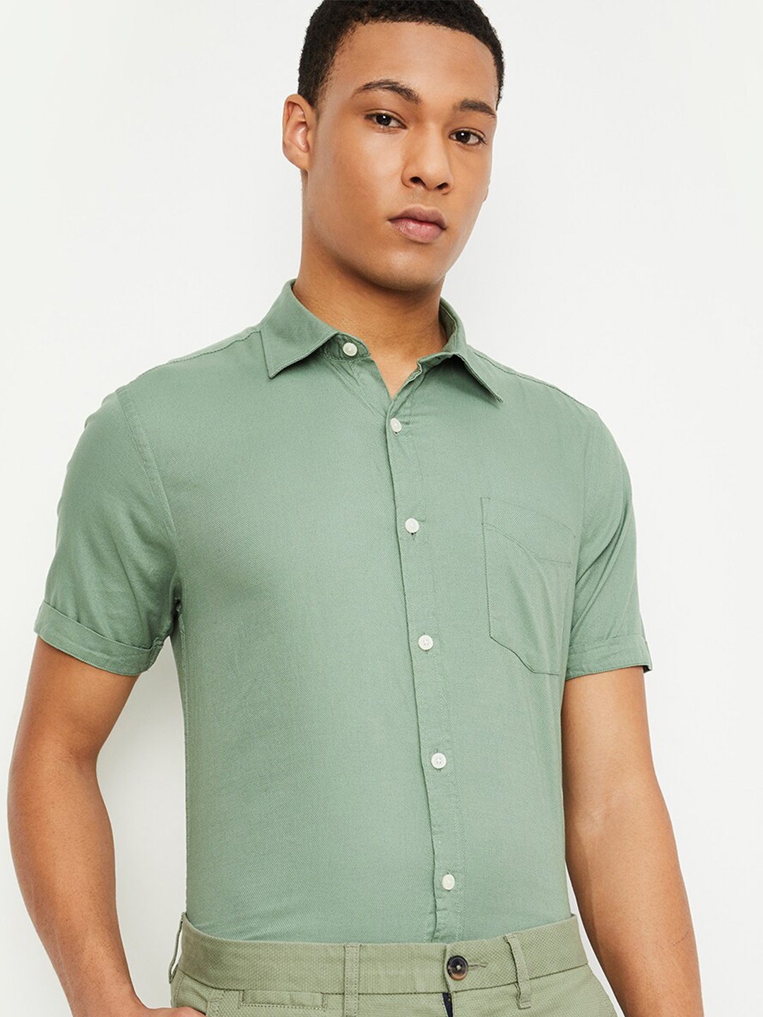 

max Spread Collar Pure Cotton Casual Shirt, Green