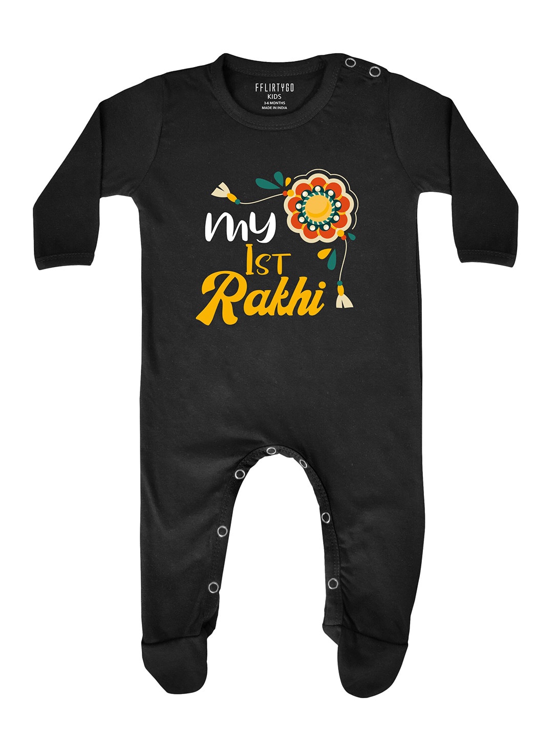 

FFLIRTYGO Infant Kids Printed Pure Cotton Rakhi Special Sleepsuit, Black