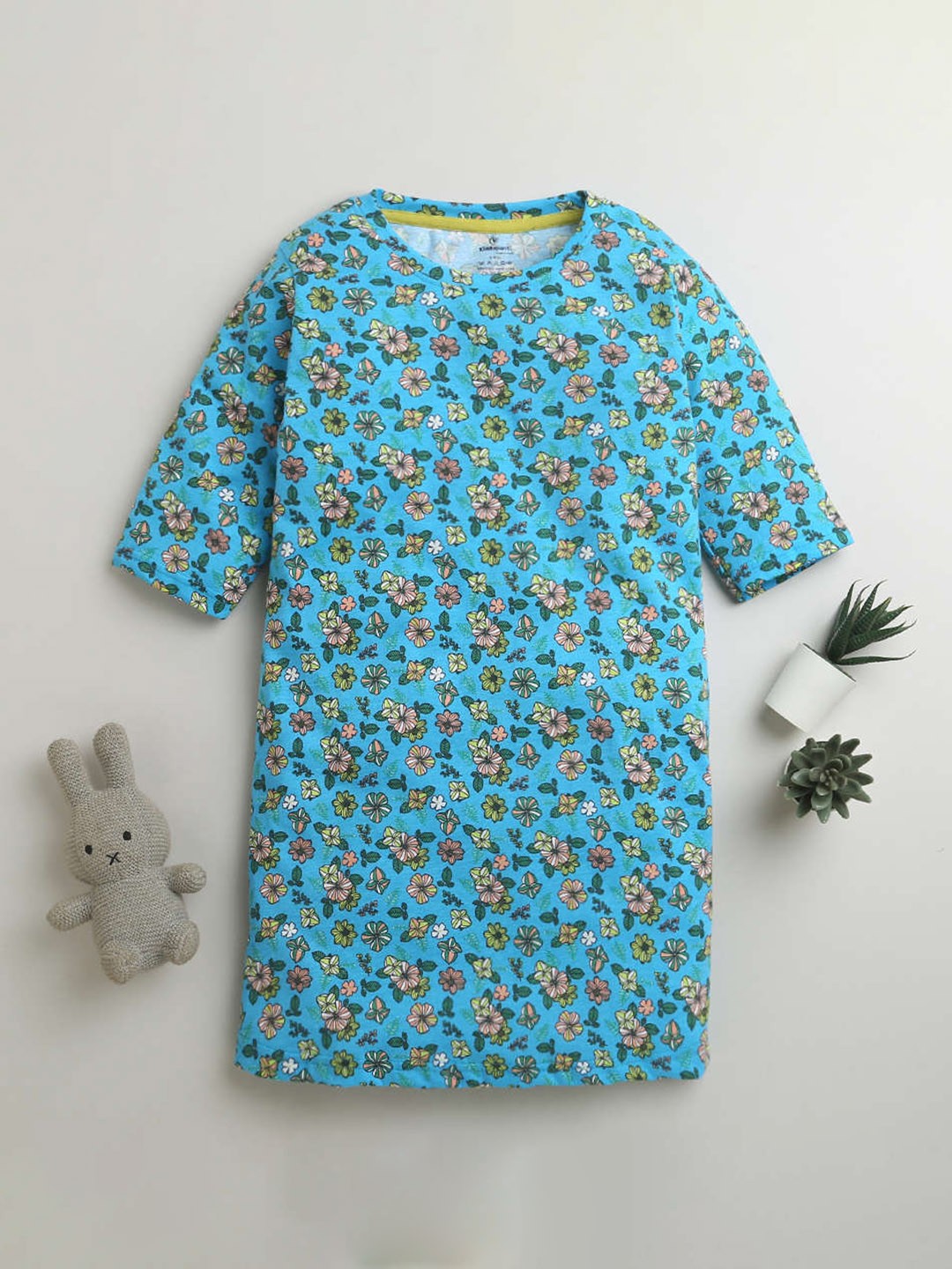 

KiddoPanti Girls Floral Printed Pure Cotton Nightdress, Blue