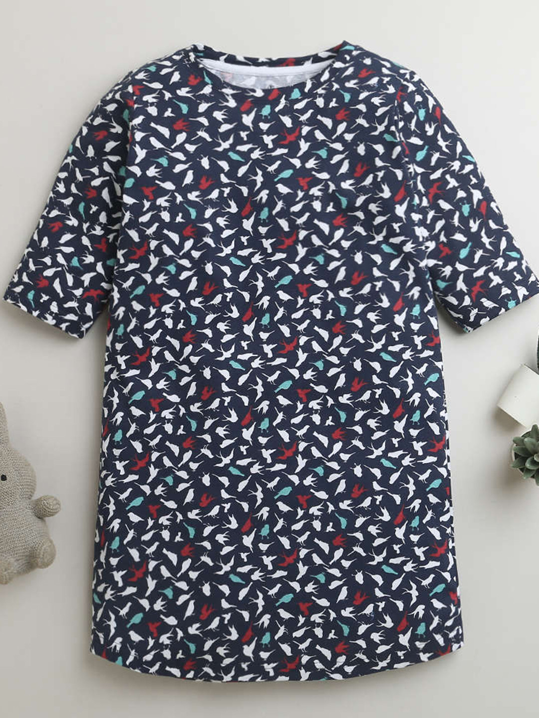 

KiddoPanti Girls Conversational Printed Pure Cotton Nightdress, Navy blue