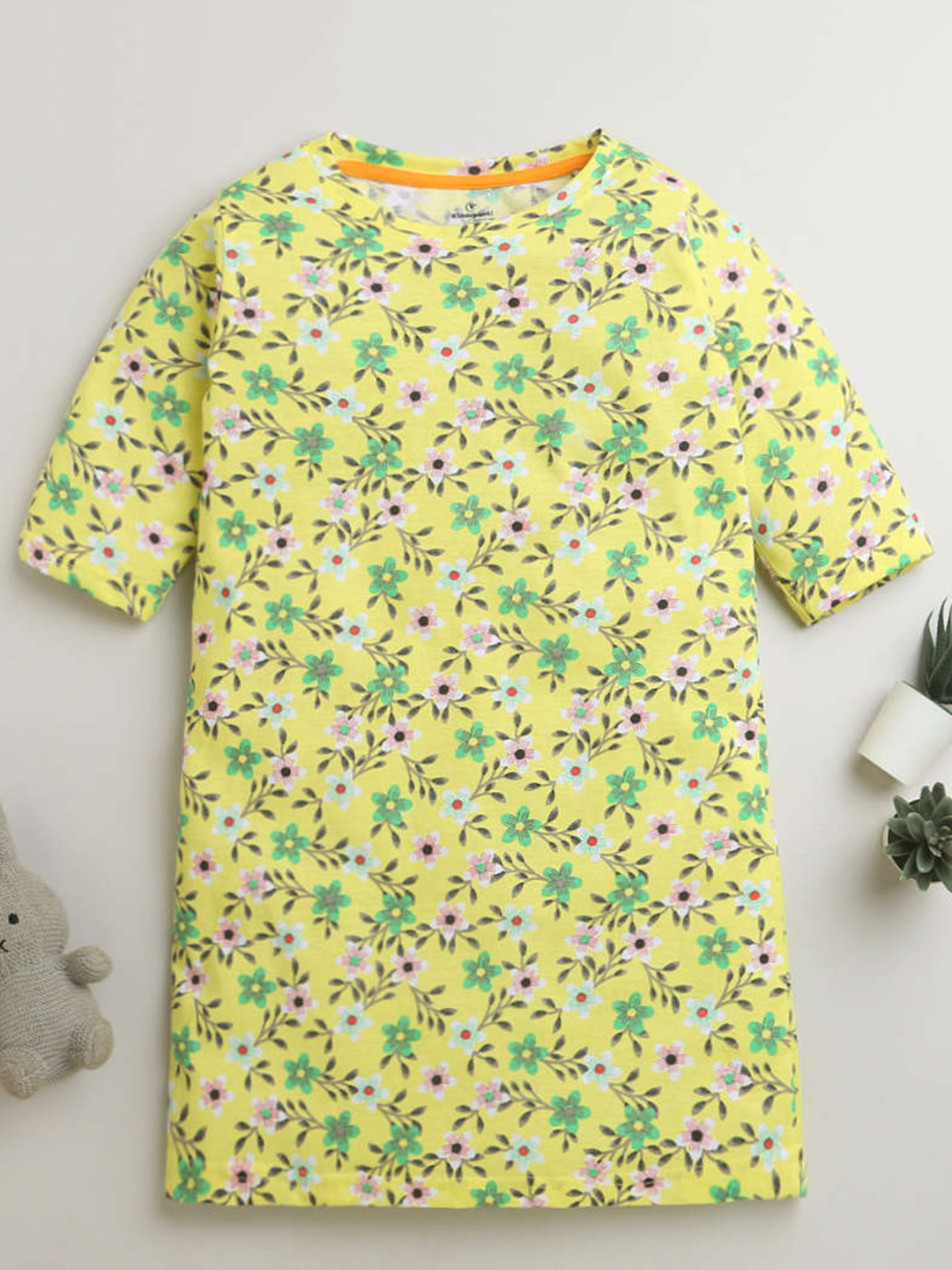 

KiddoPanti Girls Floral Printed Pure Cotton T-shirt Nightdress, Yellow