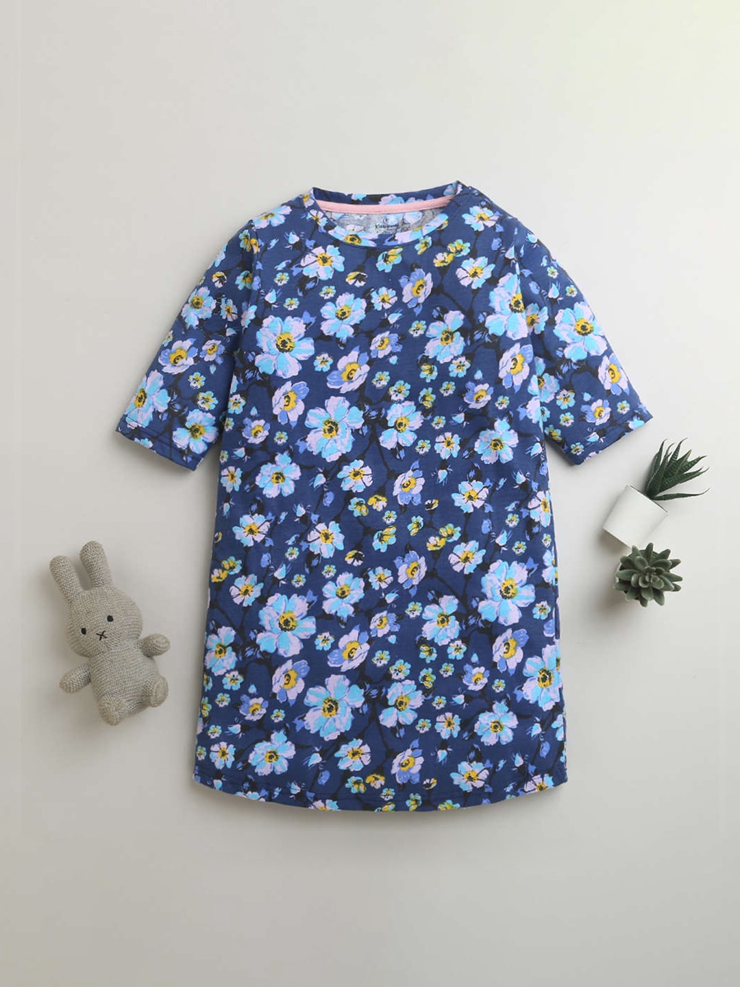 

KiddoPanti Girls Floral Printed Pure Cotton T-shirt Nightdress, Blue