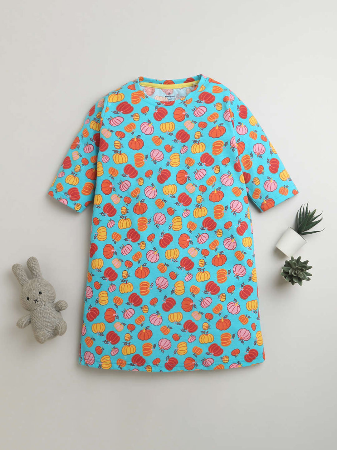 

KiddoPanti Girls Conversational Printed Pure Cotton T-shirt Nightdress, Turquoise blue