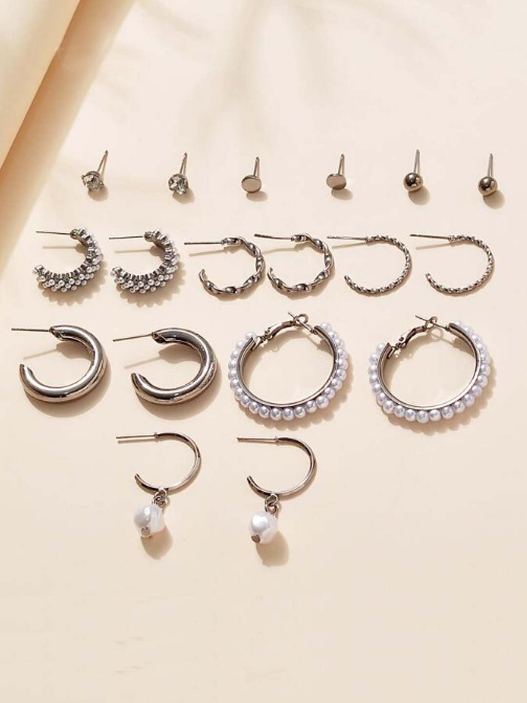 

Vembley Set Of 9 Silver Plated Stone Studded & Pearls Beaded Studs Earrings