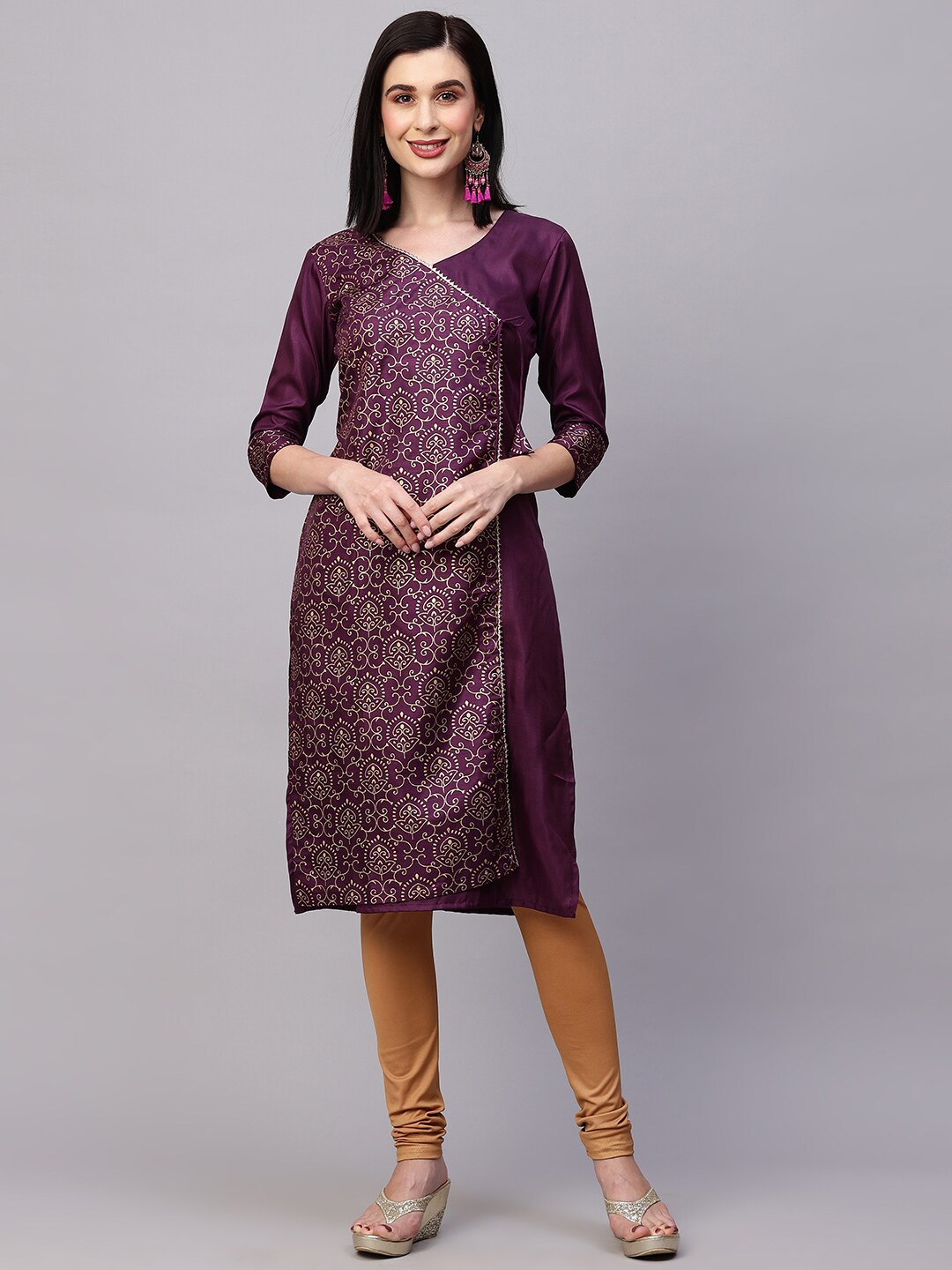 

HERE&NOW Ethnic Motifs Printed V-Neck Angrakha Kurta, Purple