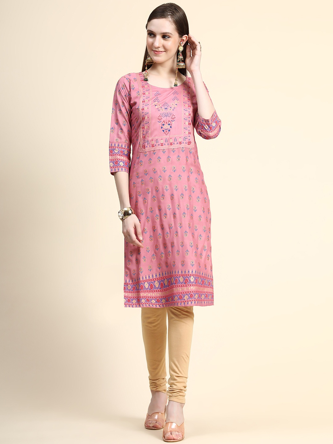 

HERE&NOW Ethnic Motifs Printed Straight Kurta, Pink