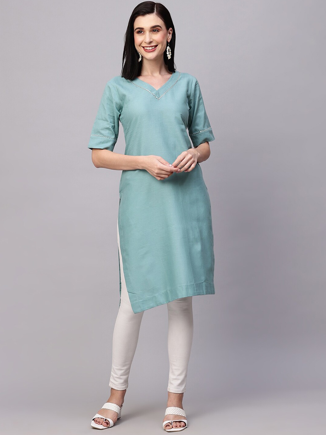 

HERE&NOW V-Neck Straight Kurta, Blue
