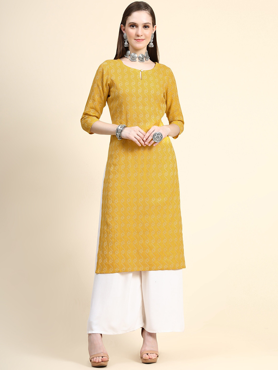 

HERE&NOW Geometric Printed Straight Pure Cotton Kurta, Yellow
