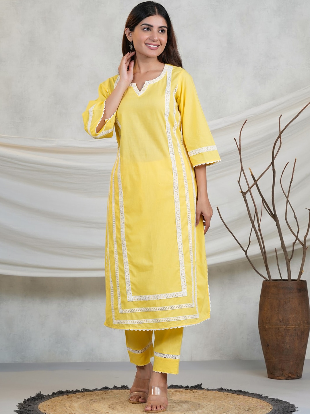 

Adveta Floral Embroidered V-Neck Straight Kurta Kurta, Yellow