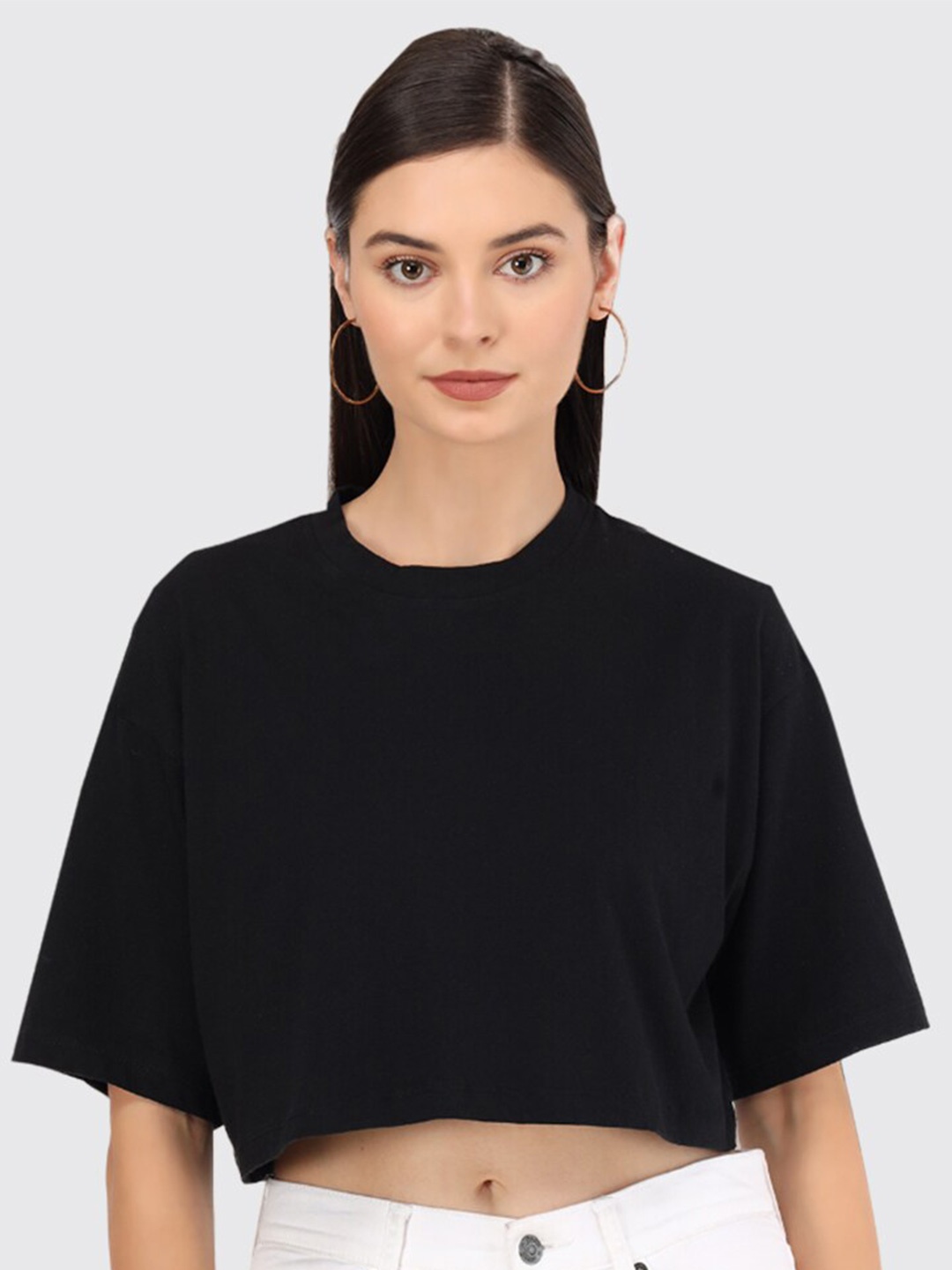 

Beatnik Drop-Shoulder Sleeves Round Neck Crop T-Shirt, Black