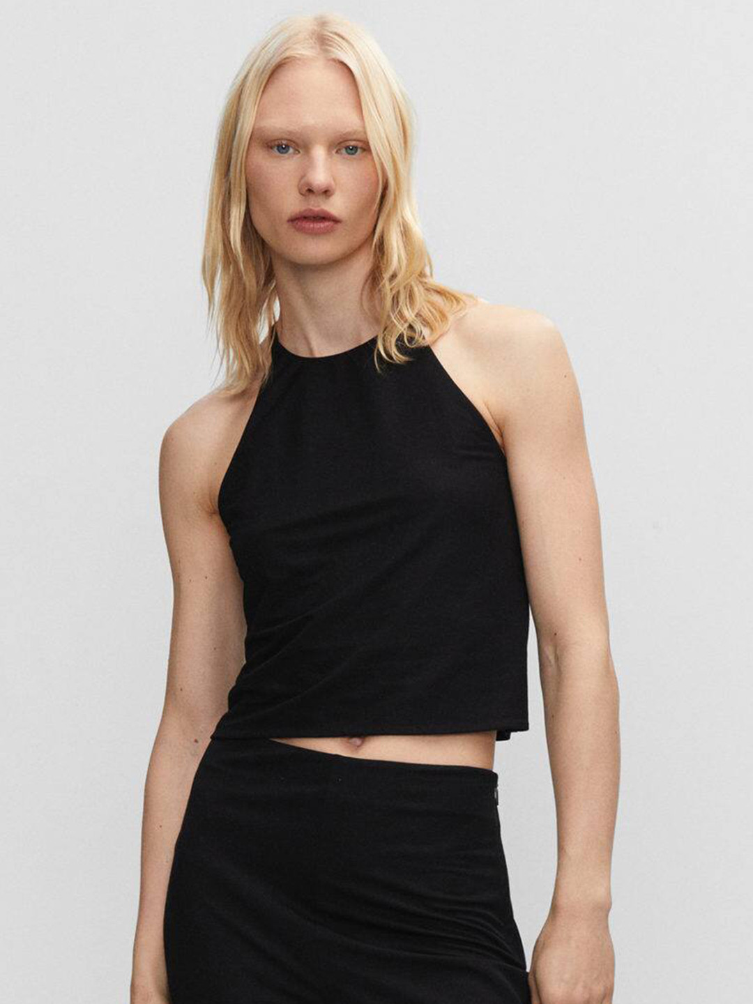 

MANGO Smocked Detail Styled Back Crop Top, Black