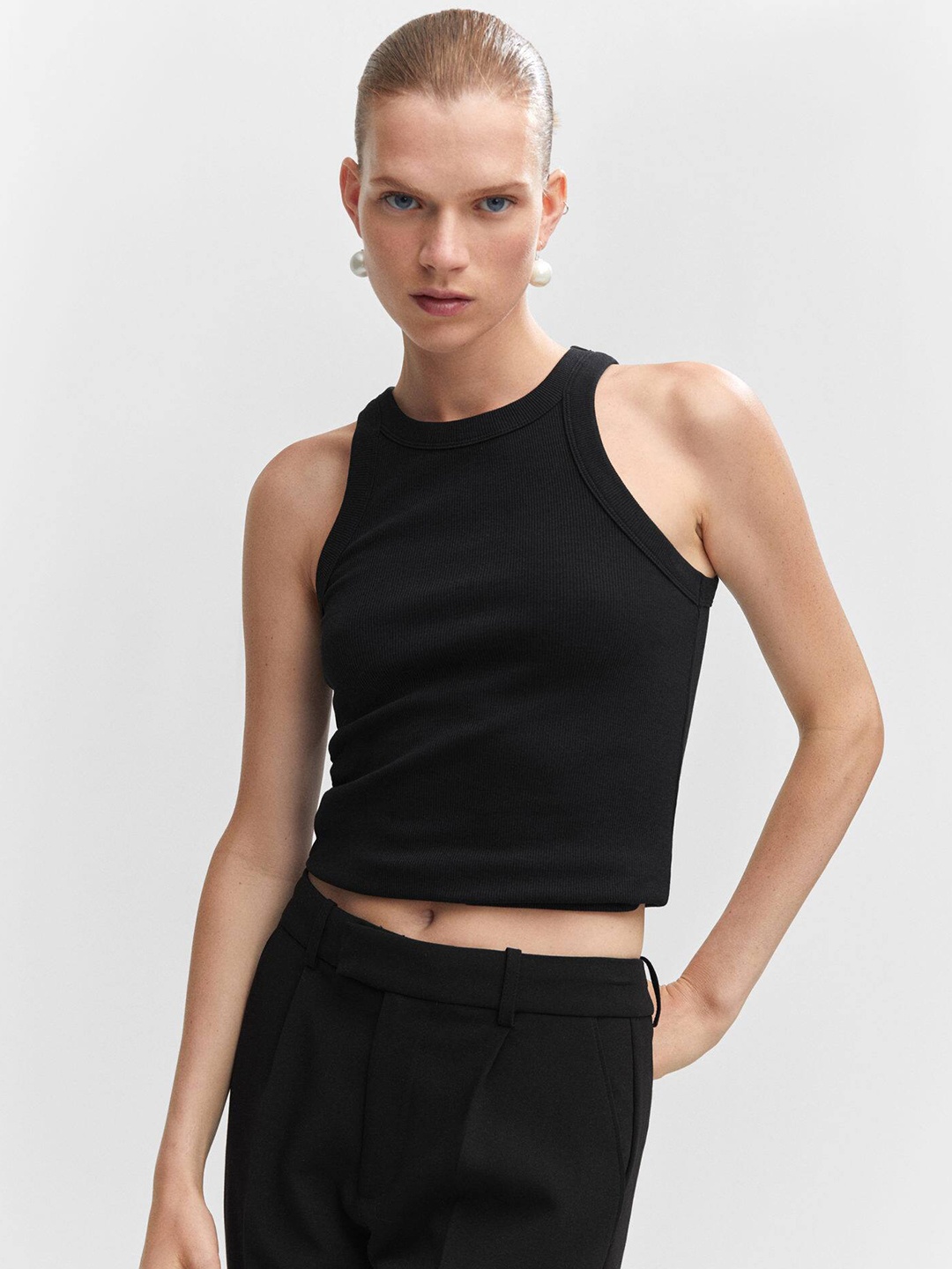

MANGO Ribbed Crop Top, Black