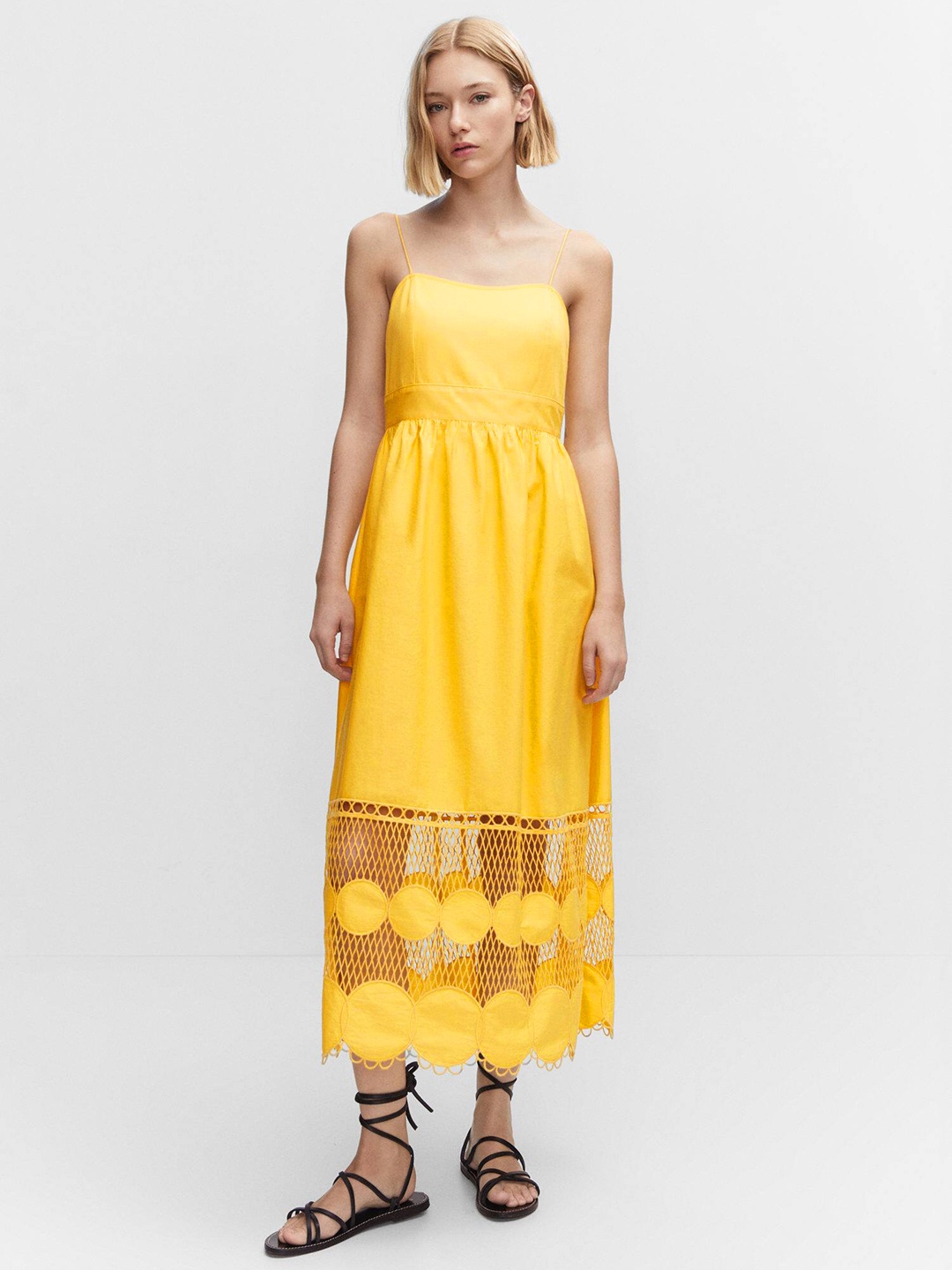 

MANGO Lace Panel Pure Cotton A-Line Midi Dress, Yellow
